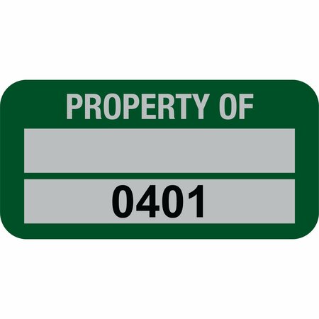 LUSTRE-CAL Property ID Label PROPERTY OF 5 Alum Green 1.50in x 0.75in 1 Blank Pad&Serialized 0401-0500,100PK 253769Ma2G0401